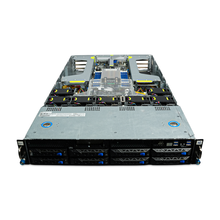 Front-angled view of open 2U server with eight drive bays, fans, and CPU heatsink.
