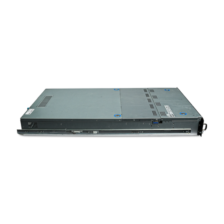 Angled left side view of 2U server with an attached slide rail.