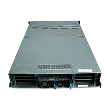 Rear-angled view of 2U server with dual power supplies and PCIe slots.