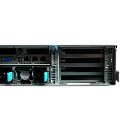 Right rear close-up of server network ports, 2200W power supply, and PCIe slots.