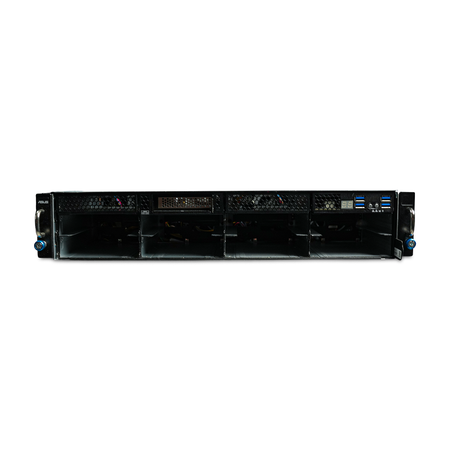 Front view of 2U server with eight empty 3.5-inch drive bays.