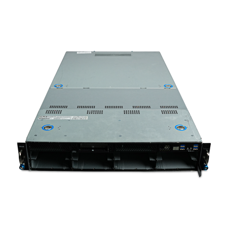 Angled front view of 2U server with eight empty 3.5-inch drive bays.