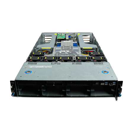 Front-angled view of open 2U server with empty drive bays, fans, and CPU heatsink.