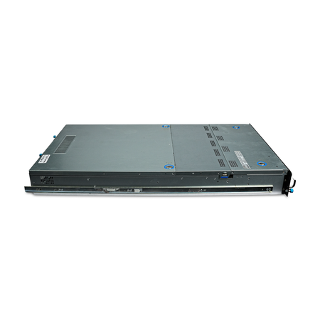 Angled left side view of 2U server with an attached slide rail.