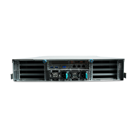 Rear view of 2U server with dual power supplies and PCIe slots.