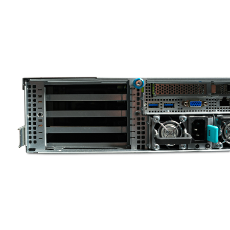 Left rear close-up of server PCIe slots, I/O ports, and power supplies.