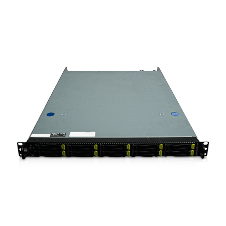 1U rack server with single 64-core CPU, ten 2.5-inch drive bays, and dual 750W power supplies, closed top cover, front view from above