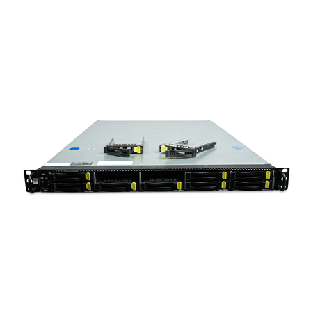 1U rack server with single 64-core CPU and ten 2.5-inch drive bays, two drive trays removed and resting on top, front view slightly above