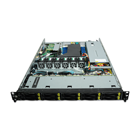 1U rack server with single 64-core CPU, open top showing air shroud, memory slots, and six cooling fans, front view from above