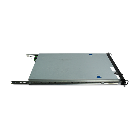 1U rack server, left side and top cover with attached slide rail, angled from above
