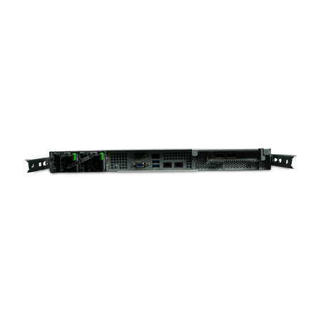 1U rack server with dual 750W power supplies, rear I/O ports, and dual-port network card, rear panel, straight-on