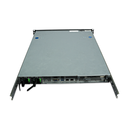 1U rack server with dual 750W power supplies and rear I/O ports, top cover and rear panel with slide rails, angled from above