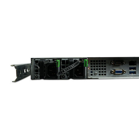 1U rack server, left rear close-up of dual 750W power supplies and I/O ports