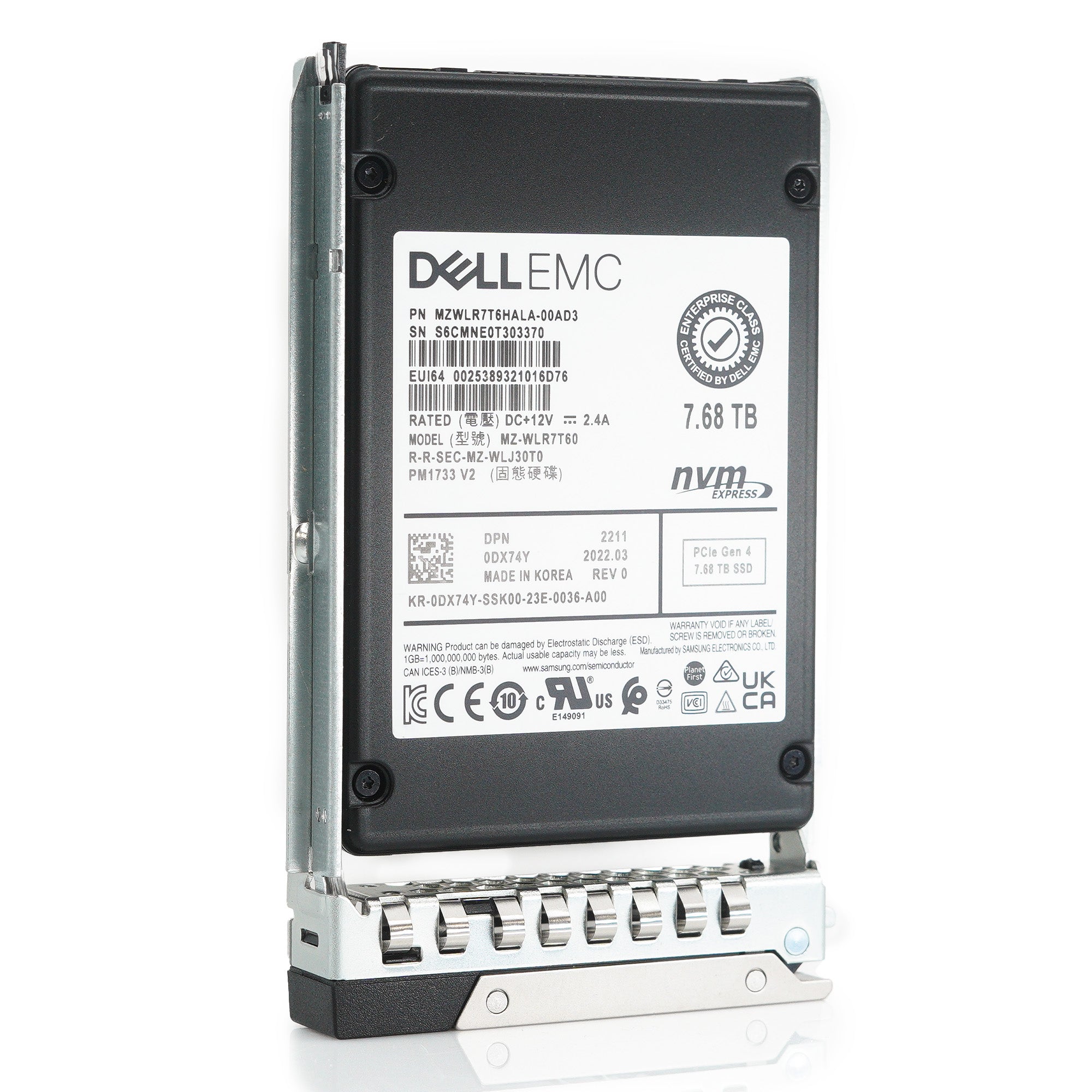Dell G14 DX74Y MZWLR7T6HALA 7.68TB PCIe Gen 4.0 x4 8GB/s 3D TLC 1DWPD Read Intensive U.2 2.5in Refurbished SSD