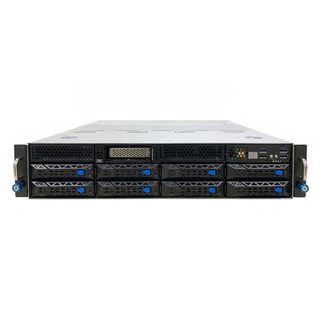 Slightly elevated front view of a 2U server with 8 drive bays and rack handles.