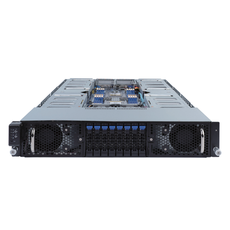 Rackmount server with drive bays and internal components visible, front view.
