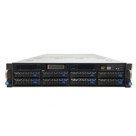 Elevated front view of a 2U server with 8 drive bays and rack handles.