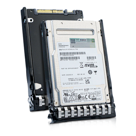 HP KCD6XLUL7T68 P21842-003 7.68TB U.3 NVMe SSD in drive tray, front and rear sides shown together