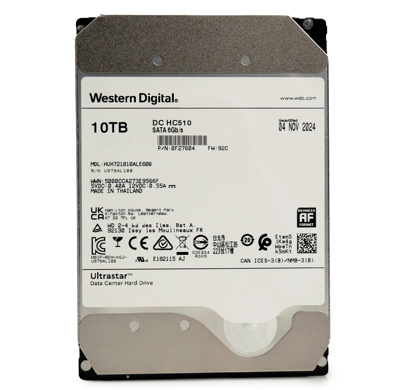 Western Digital Ultrastar DC HC510 HUH721010ALE600 0F27604 10TB 7.2K RPM SATA 6Gb/s 512e 256MB 3.5" ISE Manufacturer Recertified HDD