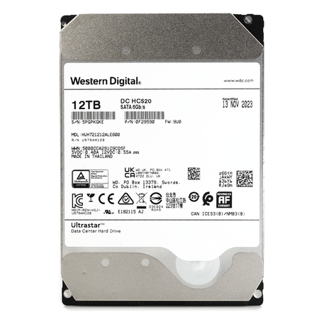Western Digital Ultrastar DC HC520 HUH721212ALE600 0F29590 12TB 7.2K RPM SATA 6Gb/s 512e 256MB 3.5" ISE Power Disable Pin Manufacturer Recertified HDD