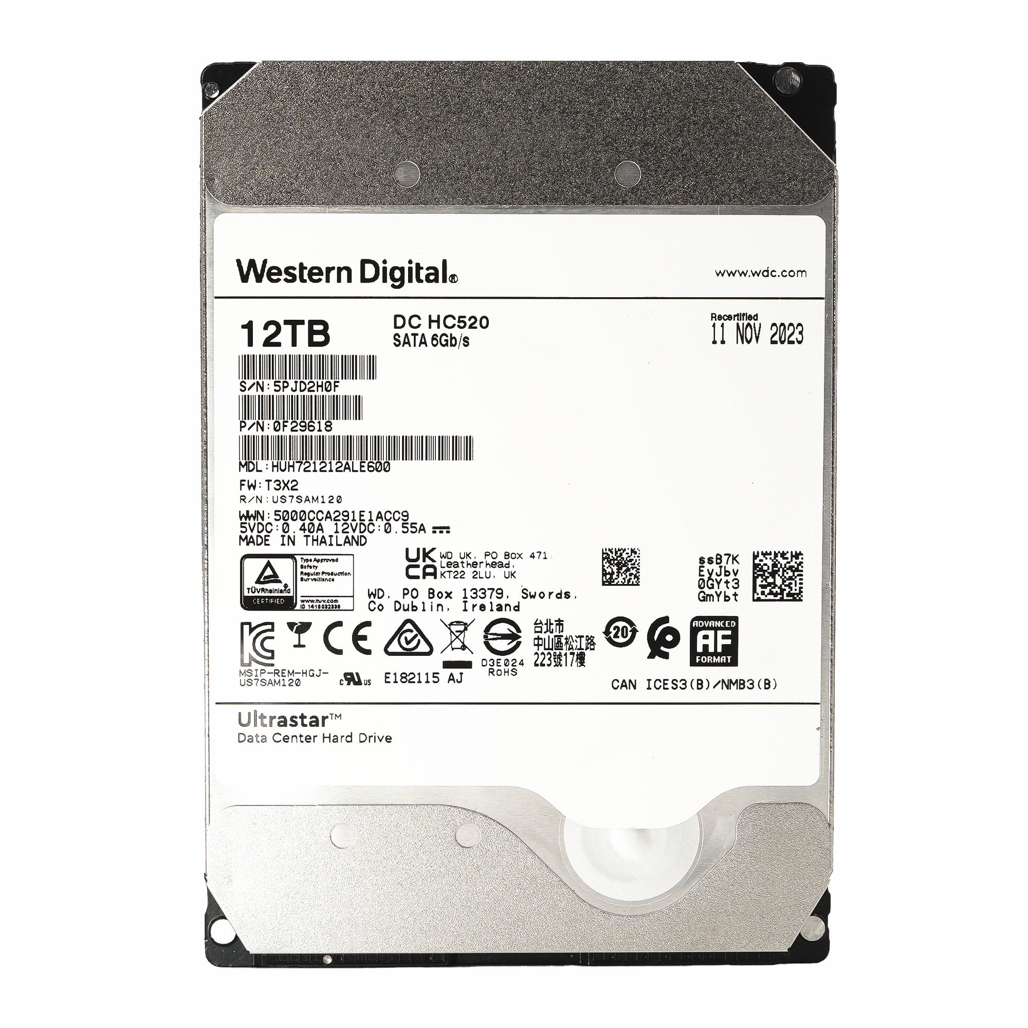 Western Digital Ultrastar DC HC520 HUH721212ALE600 0F29618 12TB 7.2K RPM SATA 6Gb/s 512e Power Disable 3.5in Recertified Hard Drive - Front View