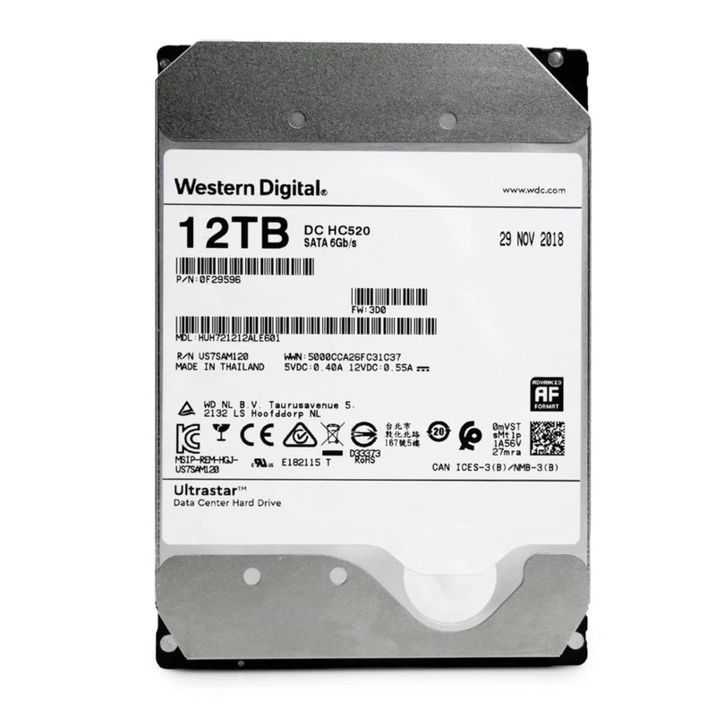Western Digital Ultrastar DC HC520 HUH721212ALE601 0F29596 12TB 7.2K RPM SATA 6Gb/s 512e 256MB 3.5in Refurbished HDD