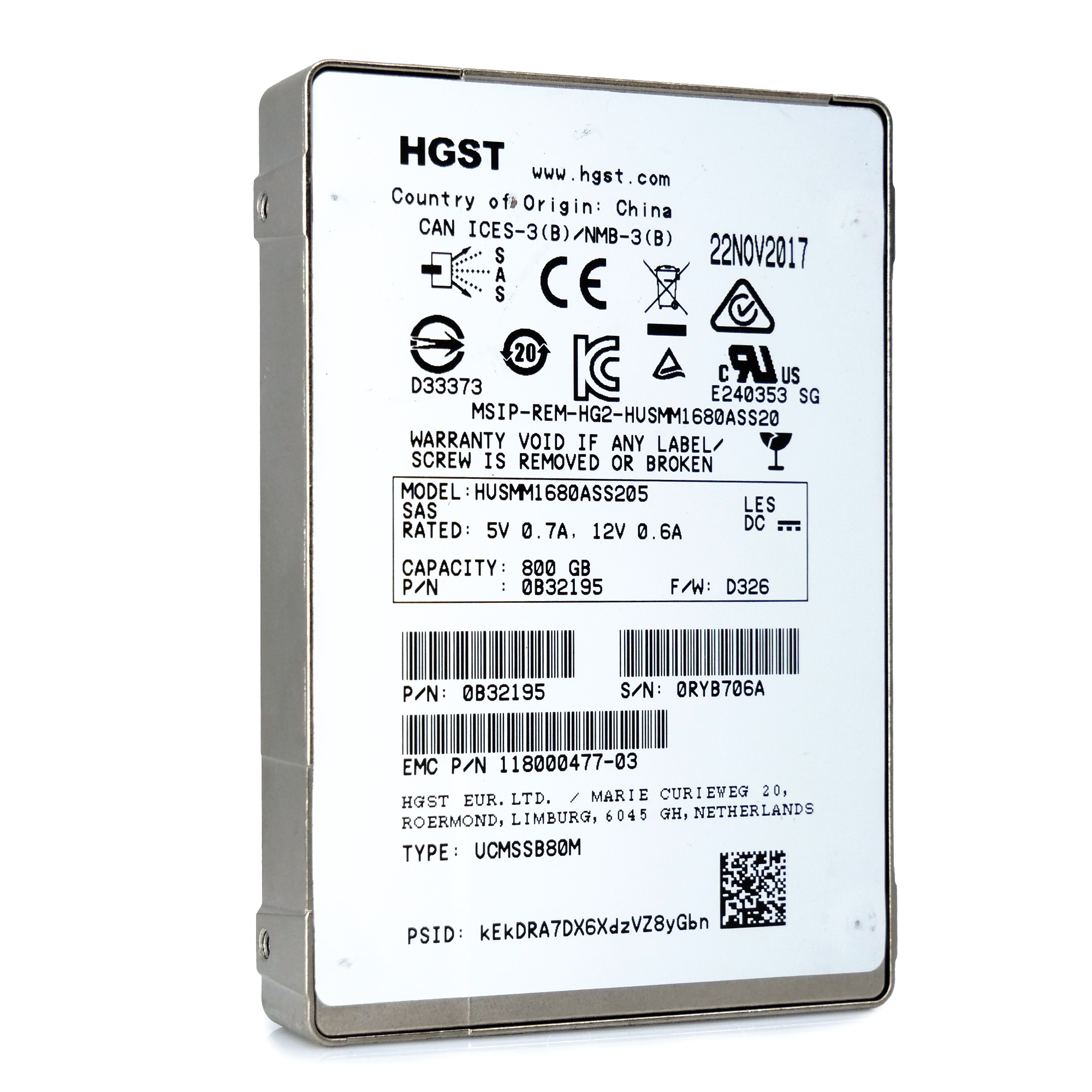 WD/HGST SSD1600MM HUSMM1680ASS205 0B32195 800GB 3 DWPD SAS 12Gb/s MLC 2.5in Refurbished SSD