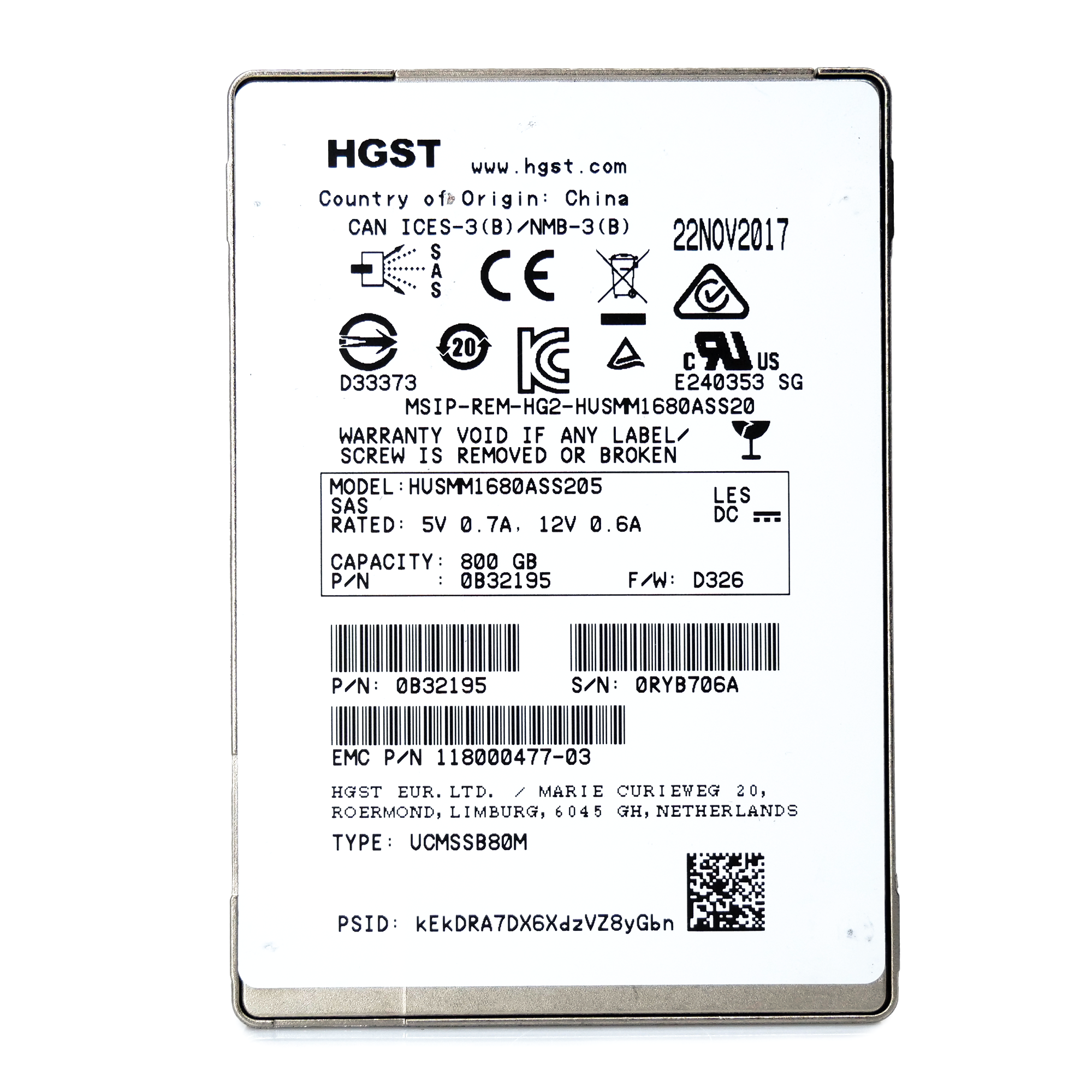 WD/HGST SSD1600MM HUSMM1680ASS205 0B32195 800GB 3 DWPD SAS 12Gb/s MLC 2.5in Refurbished SSD