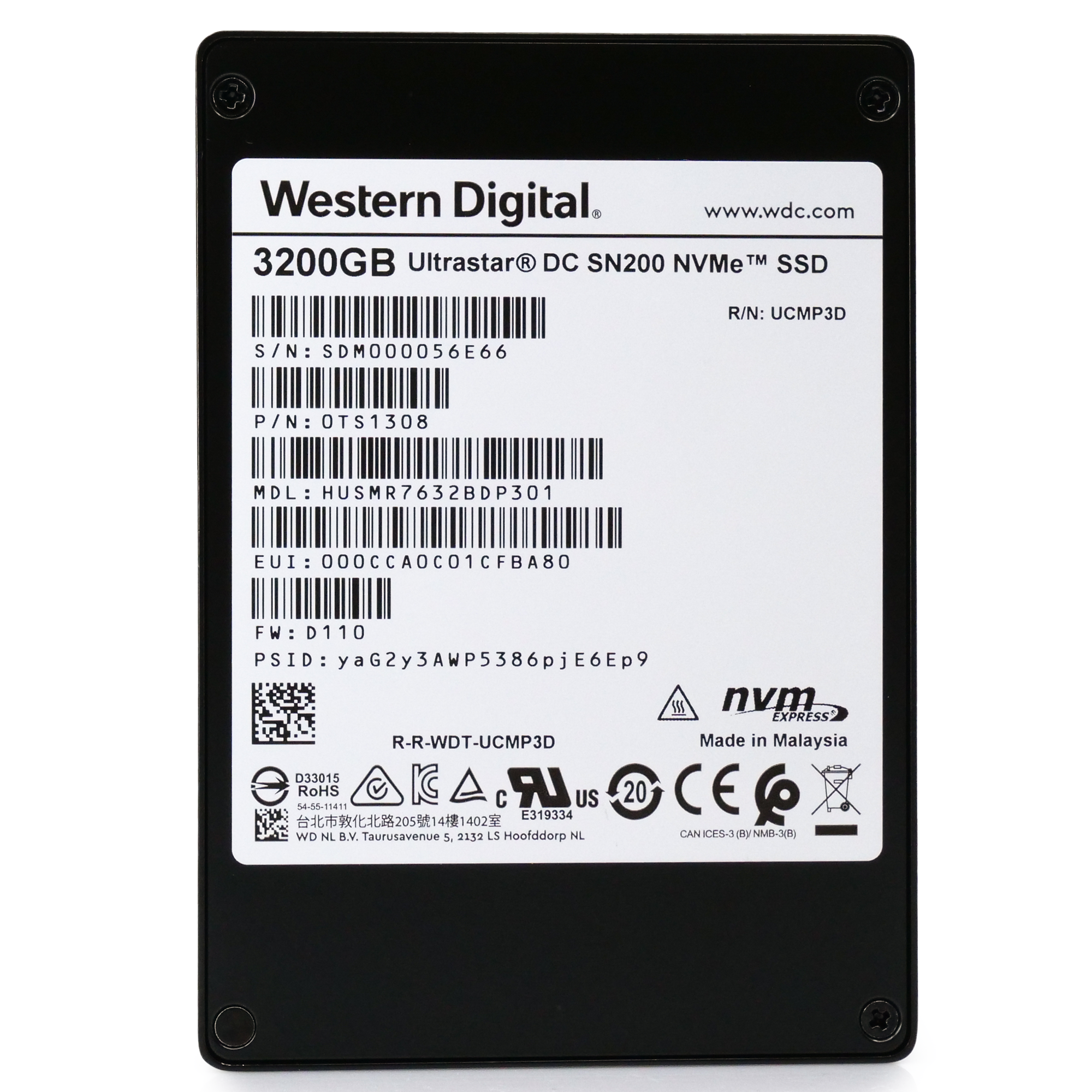 Western Digital/HGST Ultrastar DC SN200 HUSMR7632BDP301 3.2TB PCIe Gen 3.0 x4 4GB/s NVMe 2.5in Solid State Drive front