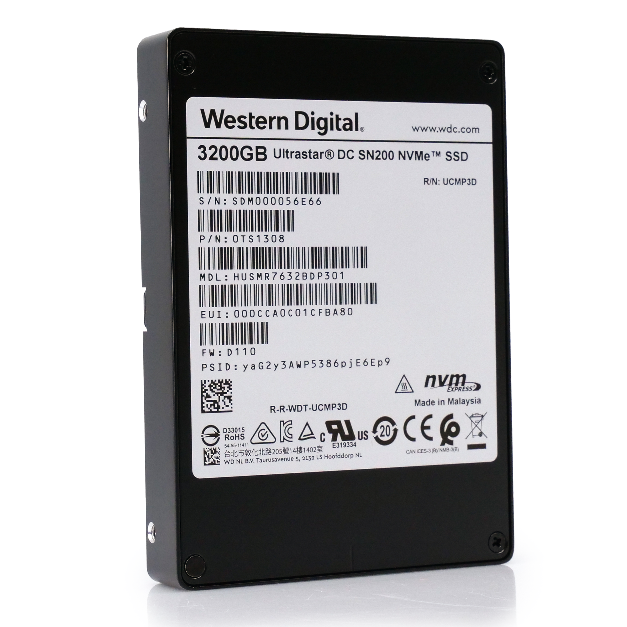 Western Digital/HGST Ultrastar DC SN200 HUSMR7632BDP301 3.2TB PCIe Gen 3.0 x4 4GB/s NVMe 2.5in Solid State Drive front angle 