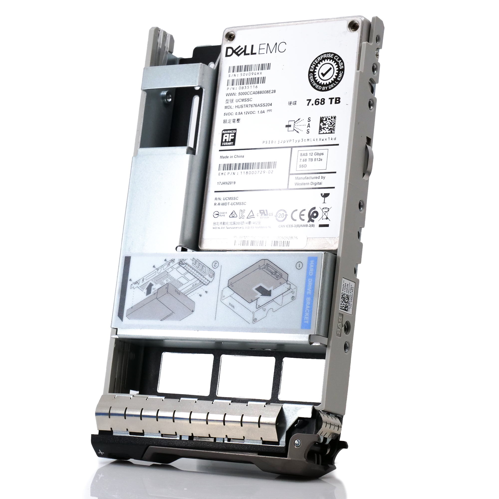 Dell EMC G13 HUSTR7676ASS204 0B35116 7.68TB SAS 12Gb/s 512e 1DWPD Read Intensive 3.5in Solid State Drive front angle