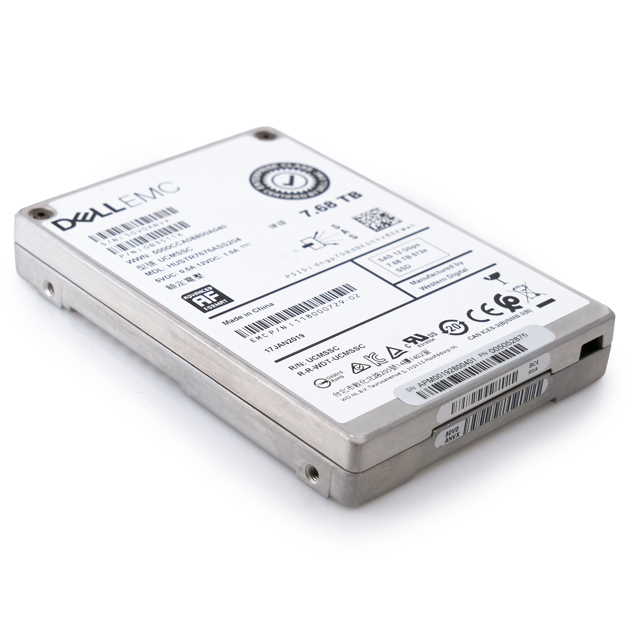 Western Digital / Dell Ultrastar SS300 HUSTR7676ASS204 0B35116 7.68TB SAS 12Gb/s 512e 1DWPD Read Intensive 2.5in Refurbished SSD - Flat View