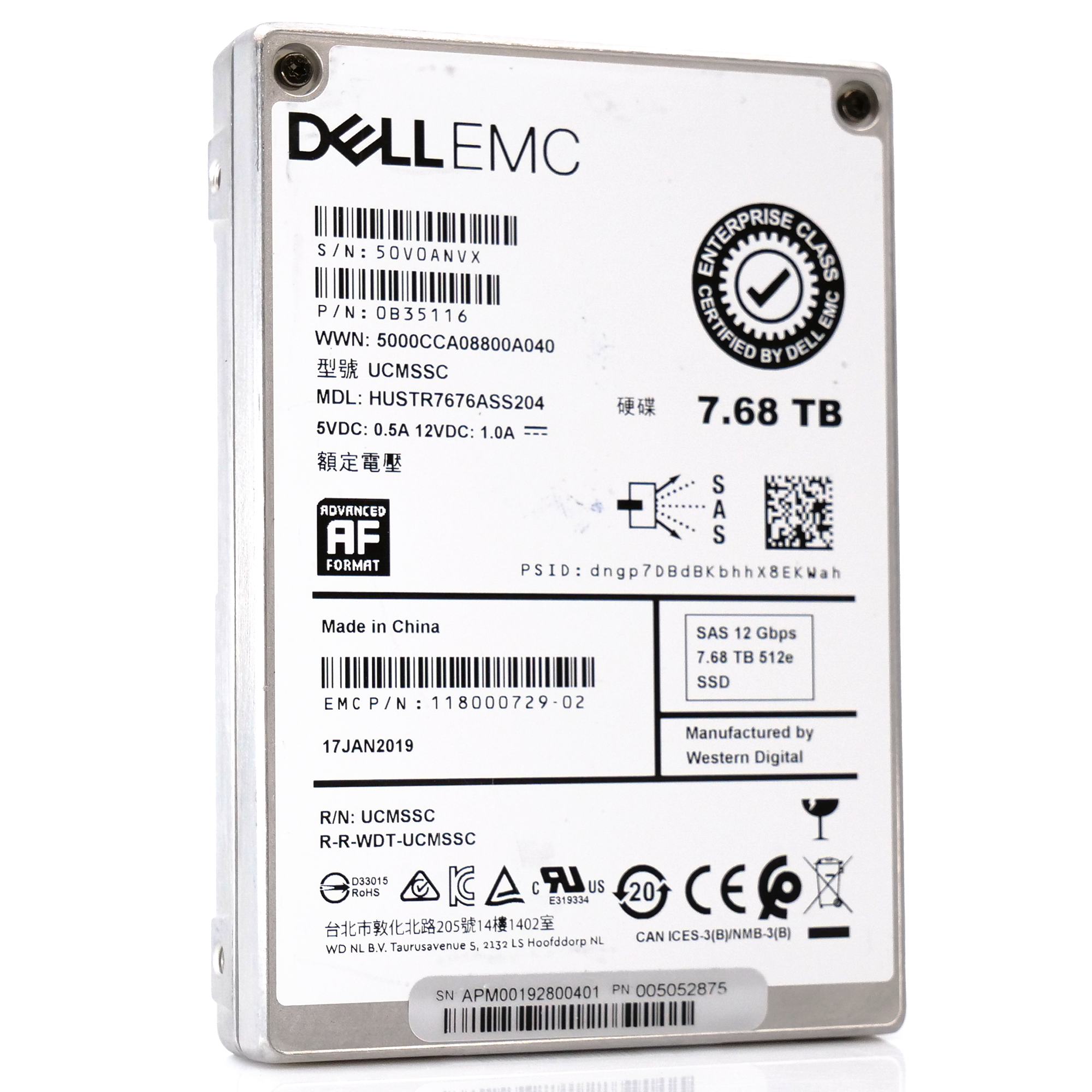 Western Digital / Dell Ultrastar SS300 HUSTR7676ASS204 0B35116 7.68TB SAS 12Gb/s 512e 1DWPD Read Intensive 2.5in Refurbished SSD - Front Angle View