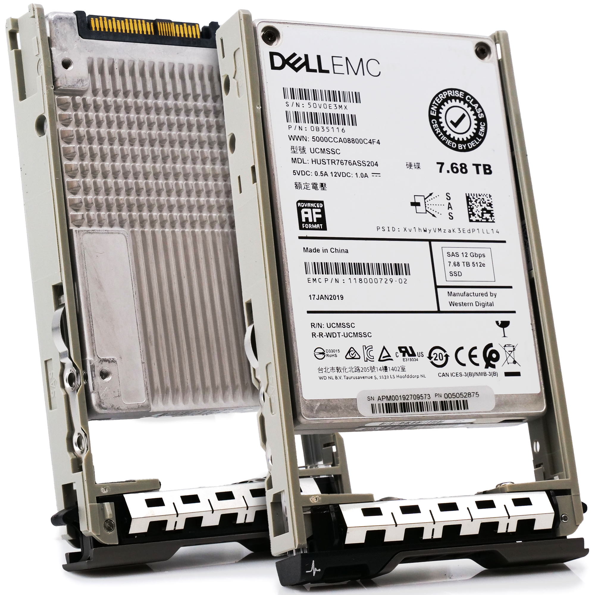 Dell EMC G13 HUSTR7676ASS204 0B35116 7.68TB SAS 12Gb/s 512e 1DWPD Read Intensive 2.5in Solid State Drive front and back