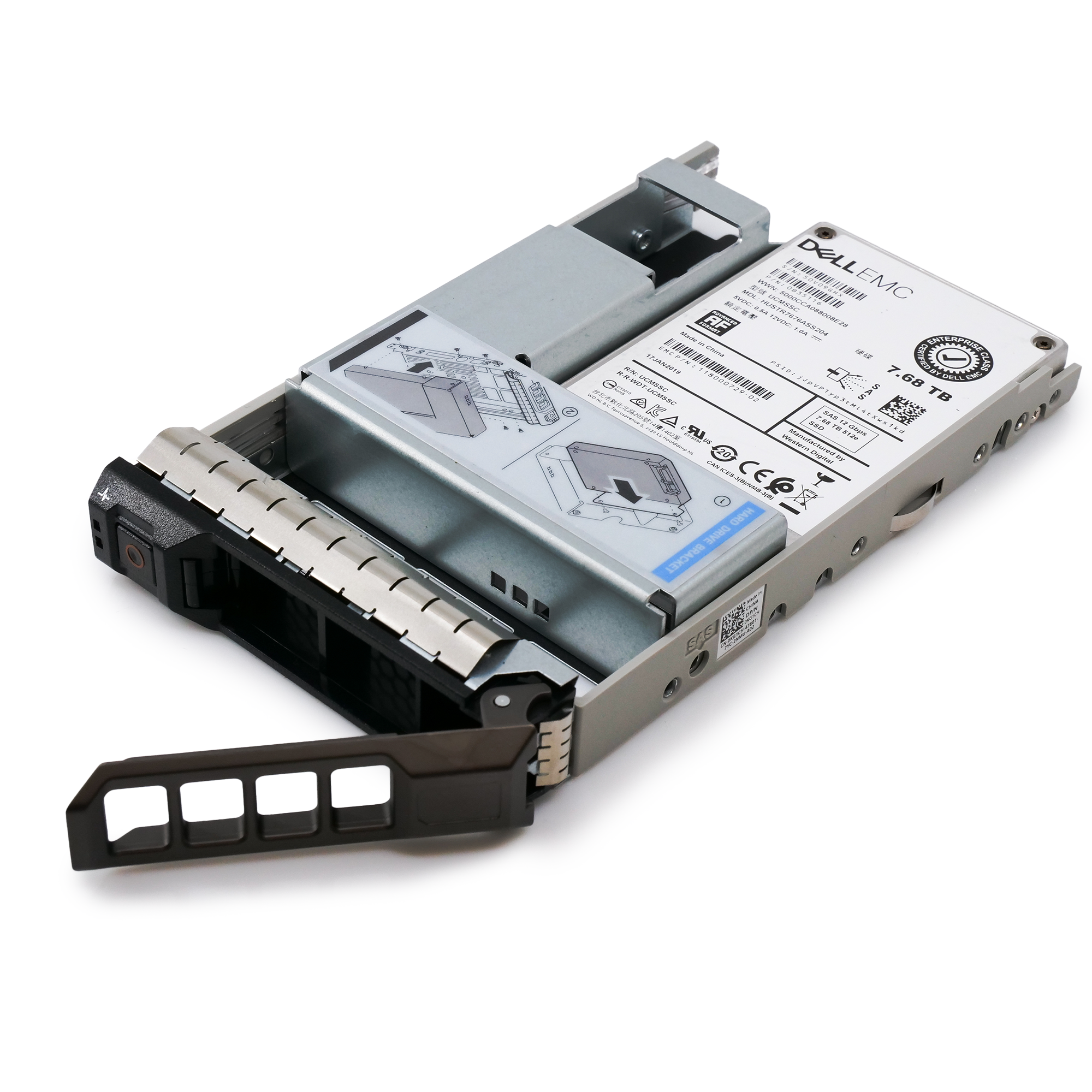 Dell EMC G13 HUSTR7676ASS204 0B35116 7.68TB SAS 12Gb/s 512e 1DWPD Read Intensive 3.5in Solid State Drive front angle