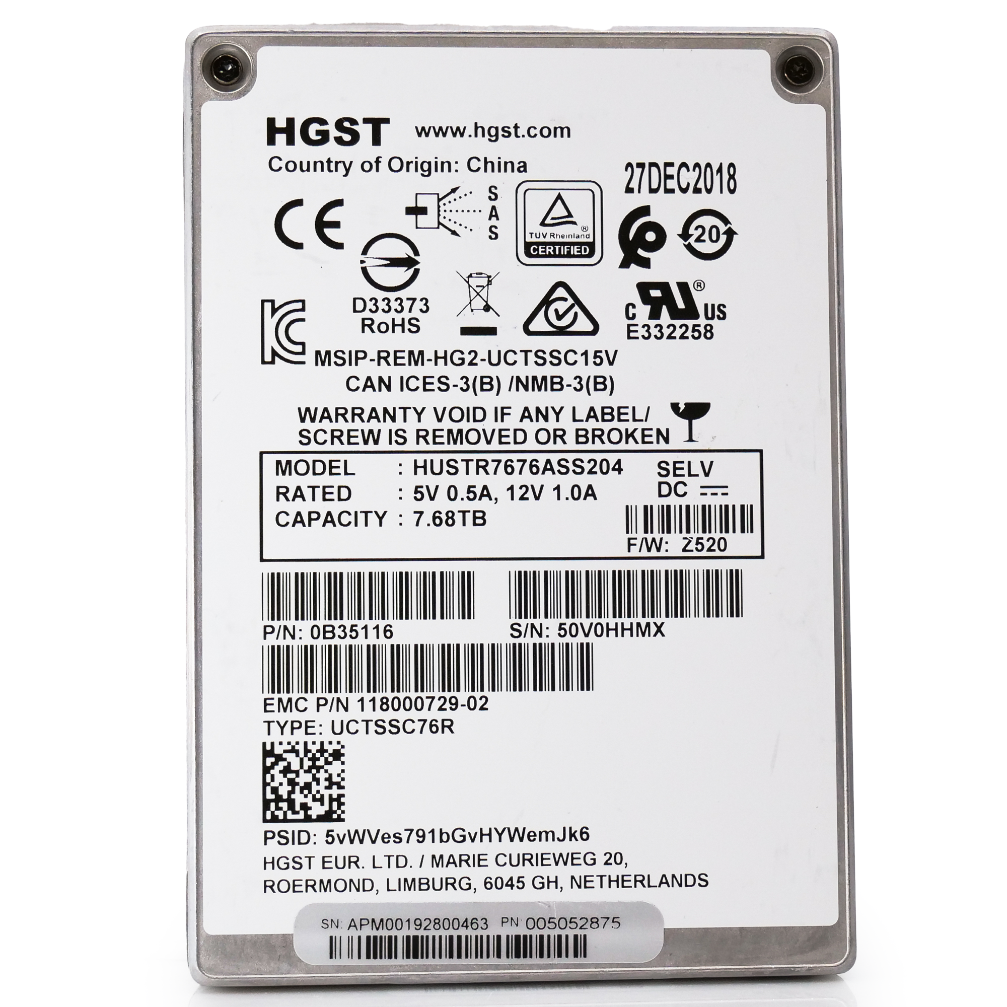 HGST Ultrastar SS300 HUSTR7676ASS204 118000729-02 7.68TB SAS 12Gb/s 512e 1DWPD Read Intensive 2.5in Refurbished SSD - Front View