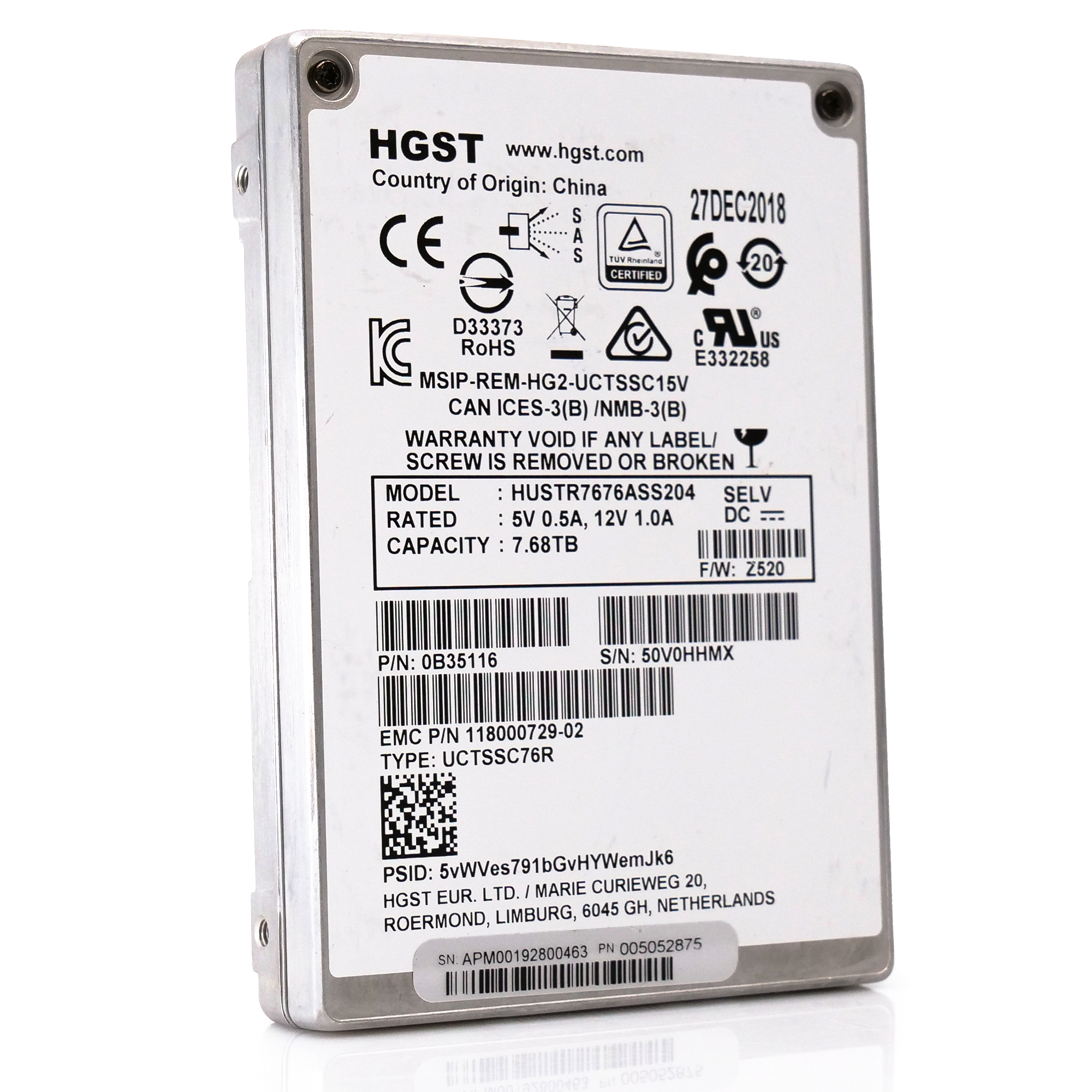 HGST Ultrastar SS300 HUSTR7676ASS204 118000729-02 7.68TB SAS 12Gb/s 512e 1DWPD Read Intensive 2.5in Refurbished SSD - Front Angle View