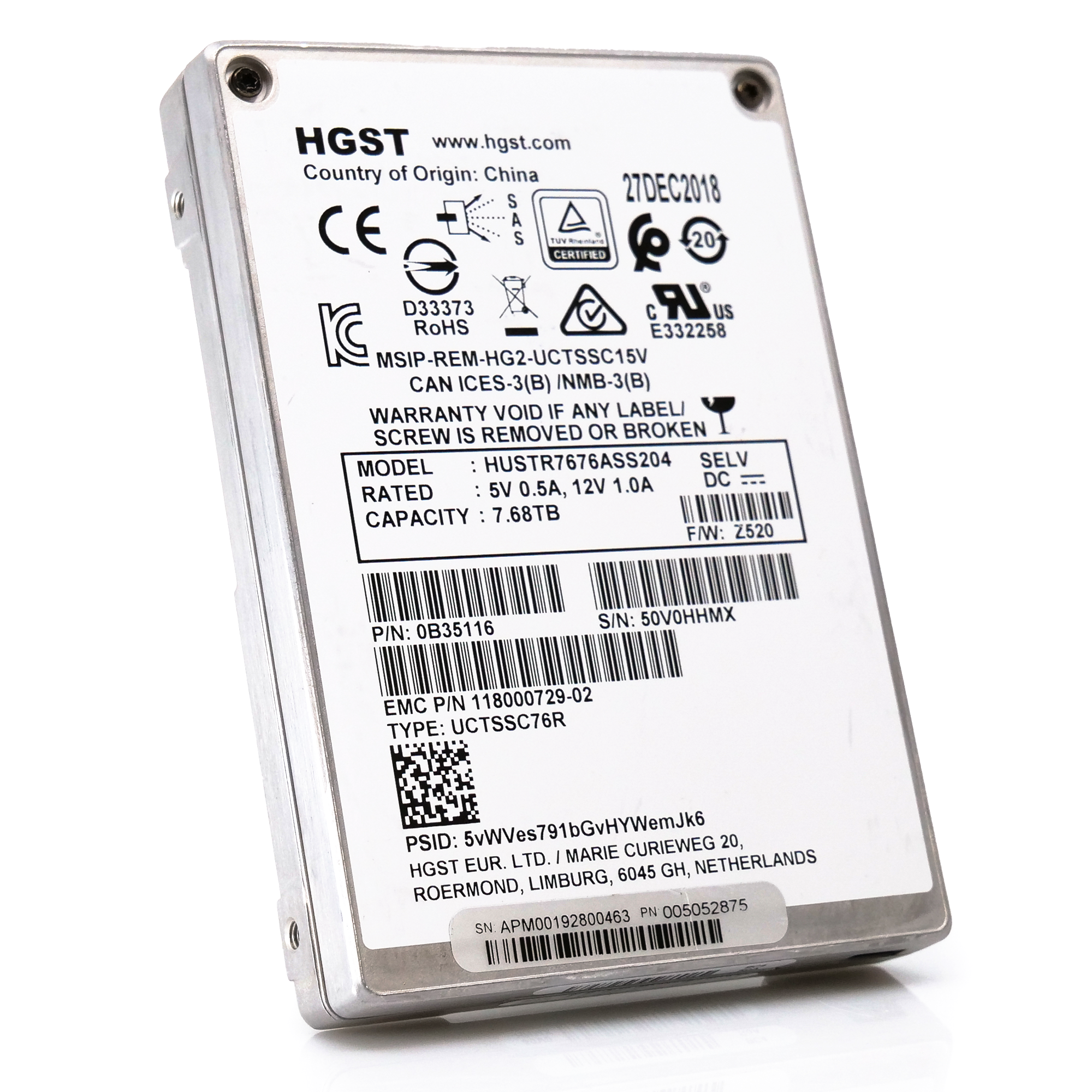 HGST Ultrastar SS300 HUSTR7676ASS204 118000729-02 7.68TB SAS 12Gb/s 512e 1DWPD Read Intensive 2.5in Refurbished SSD - Front Angle View 2