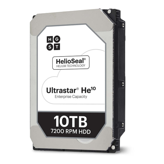 Angled view of 10TB 7200 RPM 3.5-inch helium-filled enterprise hard drive.