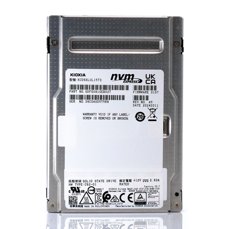 Kioxia CD-6-R KCD6XLUL15T3 15TB SSD PCIe Gen 4.0 X4 8GB/s 3D TLC 1DWPD U.2 NVMe 2.5in Solid State Drive - Front View