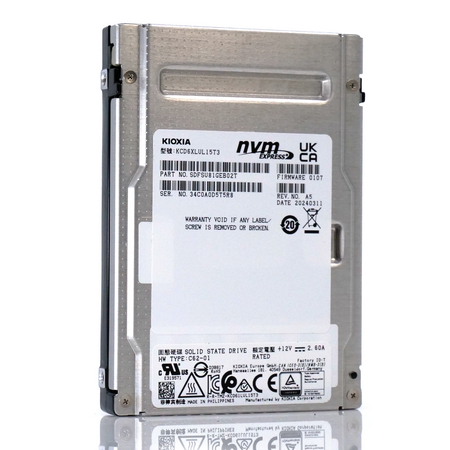 Kioxia CD-6-R KCD6XLUL15T3 15TB SSD PCIe Gen 4.0 X4 8GB/s 3D TLC 1DWPD U.2 NVMe 2.5in Solid State Drive - Front Angle View
