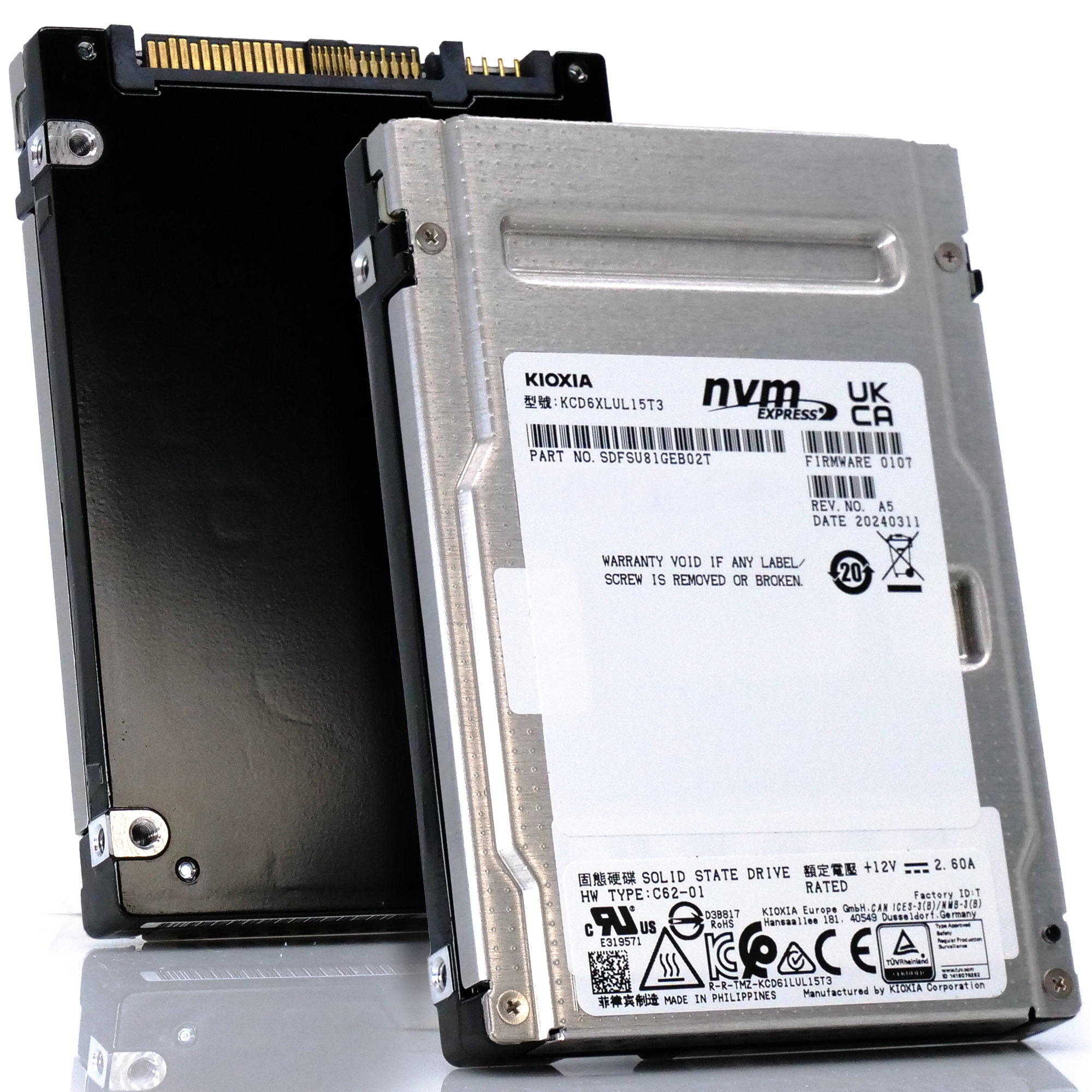 Kioxia CD6-R KCD6XLUL15T3 15.36TB PCIe Gen 4.0 X4 8GB/s 3D TLC 1DWPD U.2 NVMe 2.5in Refurbished SSD front and back