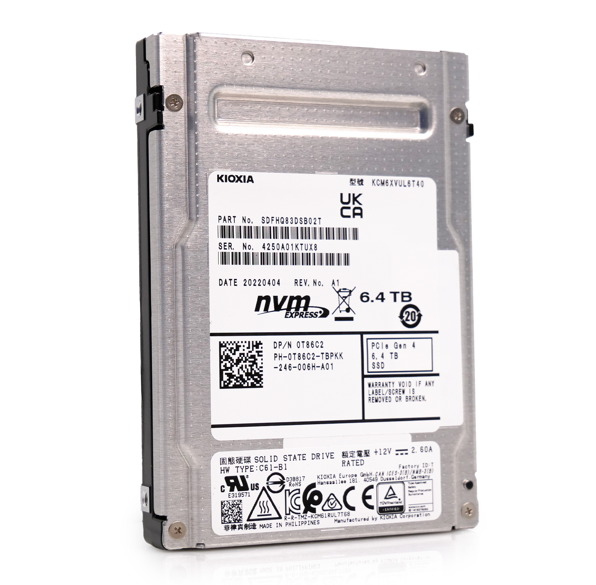 Kioxia CM6-V KCM6XVUL6T40 0T86C2 6.4TB 3 DWPD PCIe Gen 4.0 x4 U.3 8GB/s Mixed Use TLC 2.5in Enterprise Solid State Drive