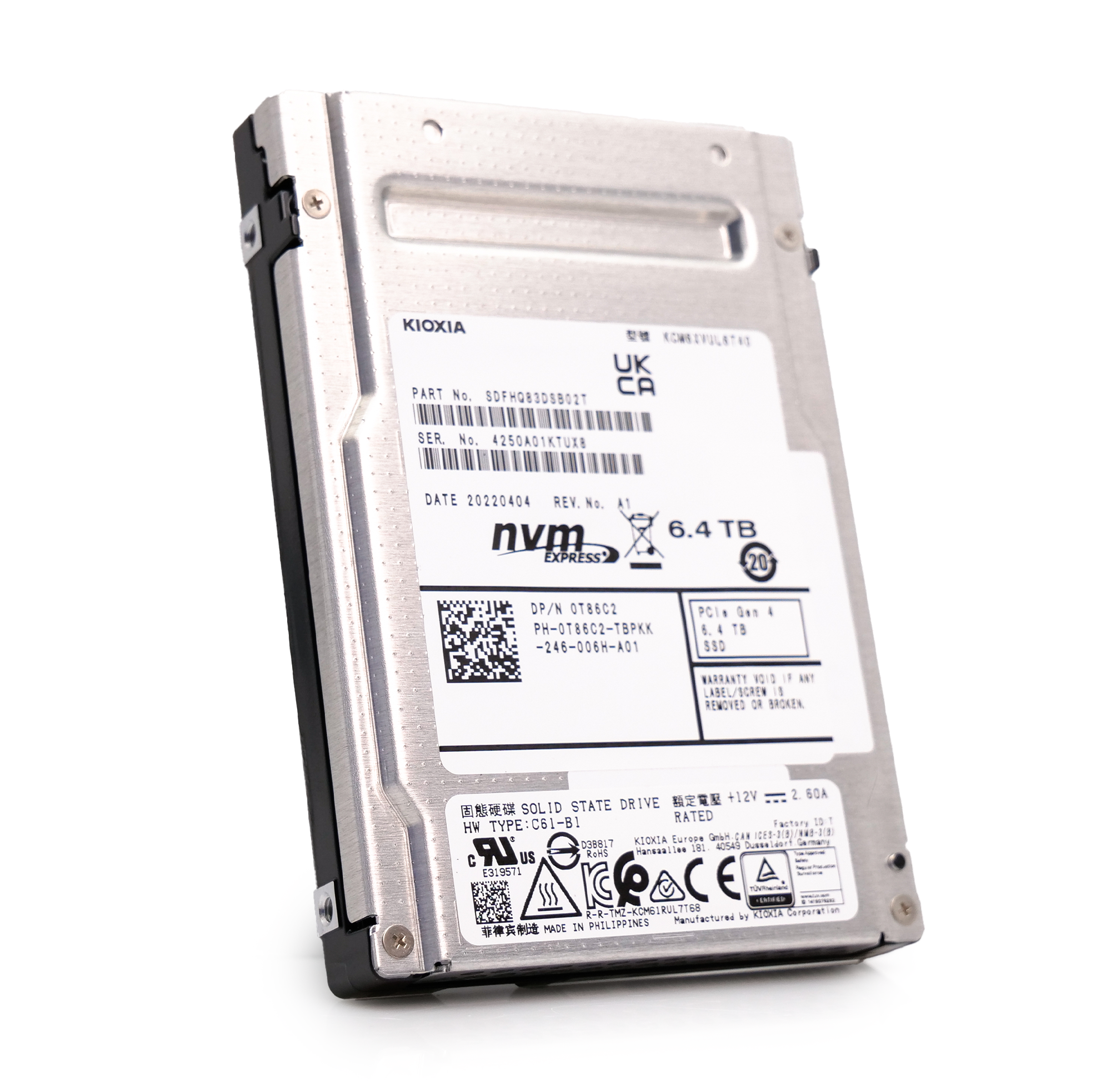 Kioxia CM6-V KCM6XVUL6T40 0T86C2 6.4TB 3 DWPD PCIe Gen 4.0 x4 U.3 8GB/s Mixed Use TLC 2.5in Enterprise Solid State Drive