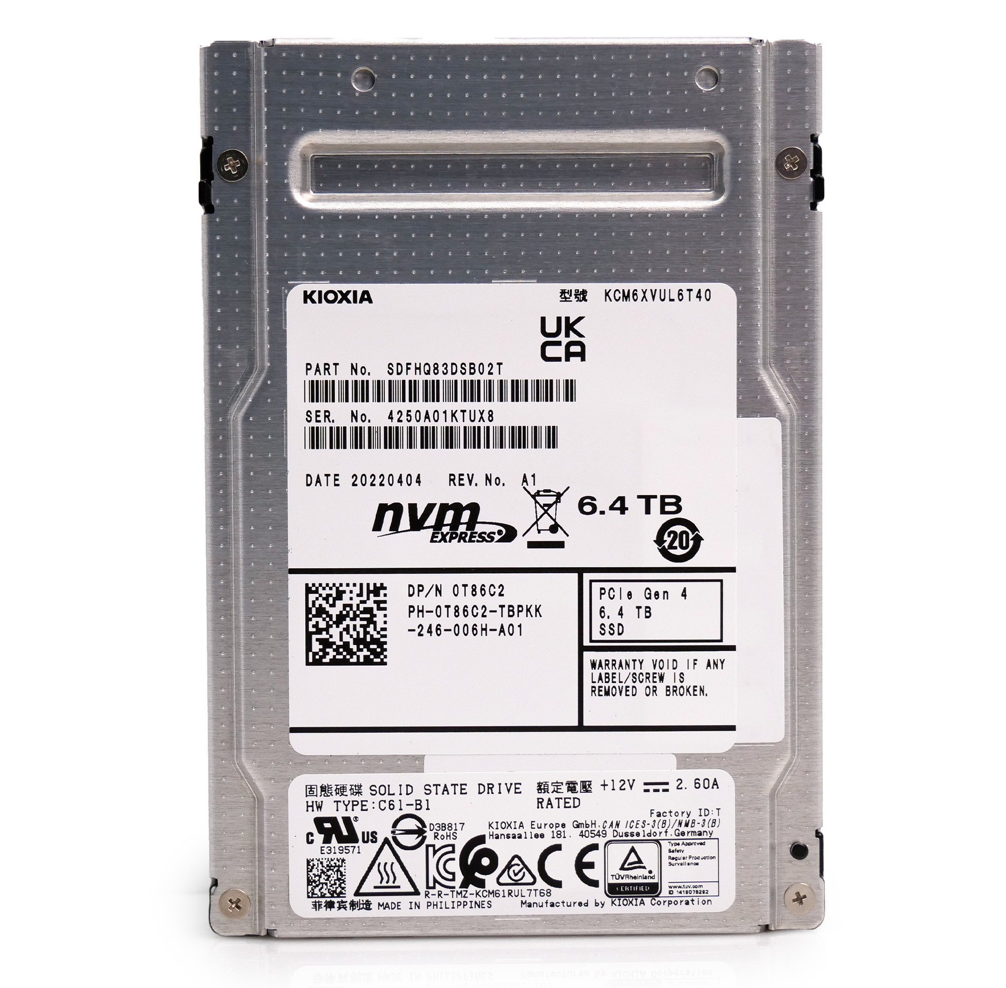 Kioxia CM6-V KCM6XVUL6T40 0T86C2 6.4TB 3 DWPD PCIe Gen 4.0 x4 U.3 8GB/s Mixed Use TLC 2.5in Enterprise Solid State Drive