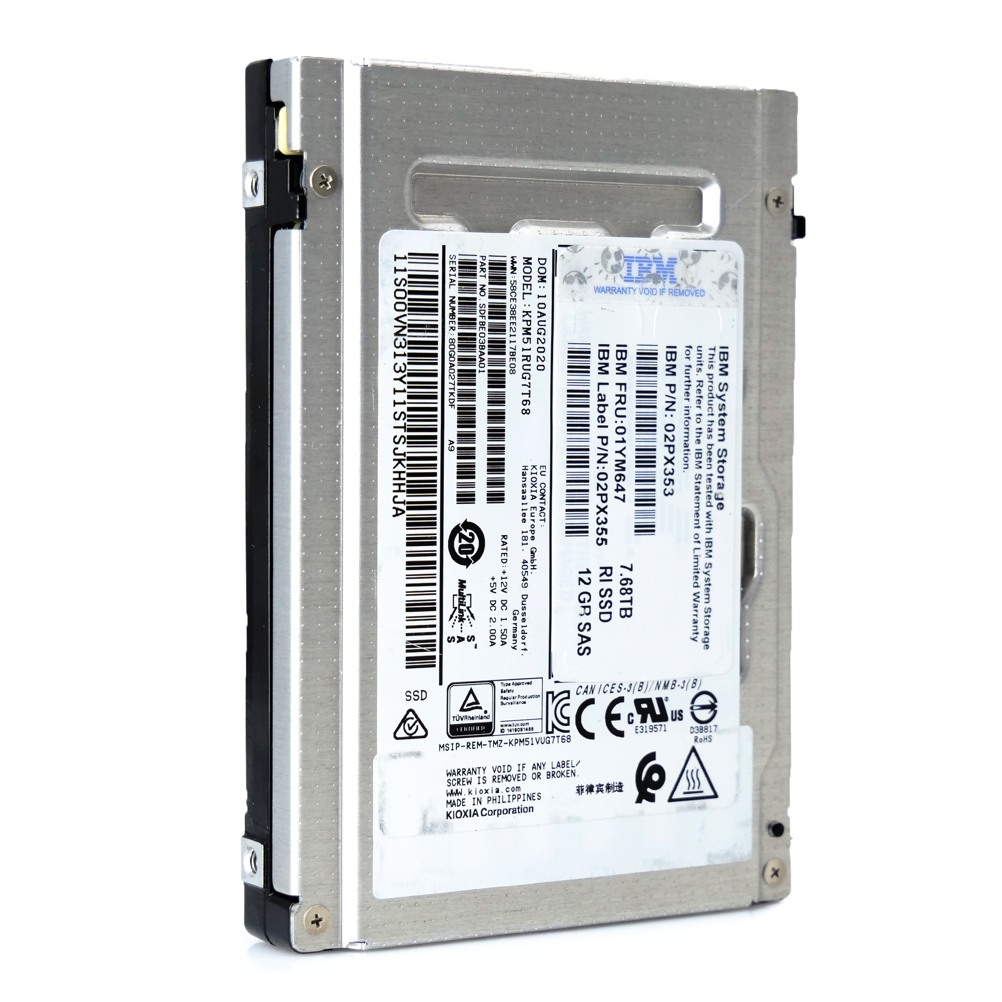 Kioxia/IBM PM5-R KPM51RUG7T68 02PX355 7.68TB 1 DWPD SAS 12Gb/s Read Intensive TLC 2.5in Refurbished Enterprise SSD