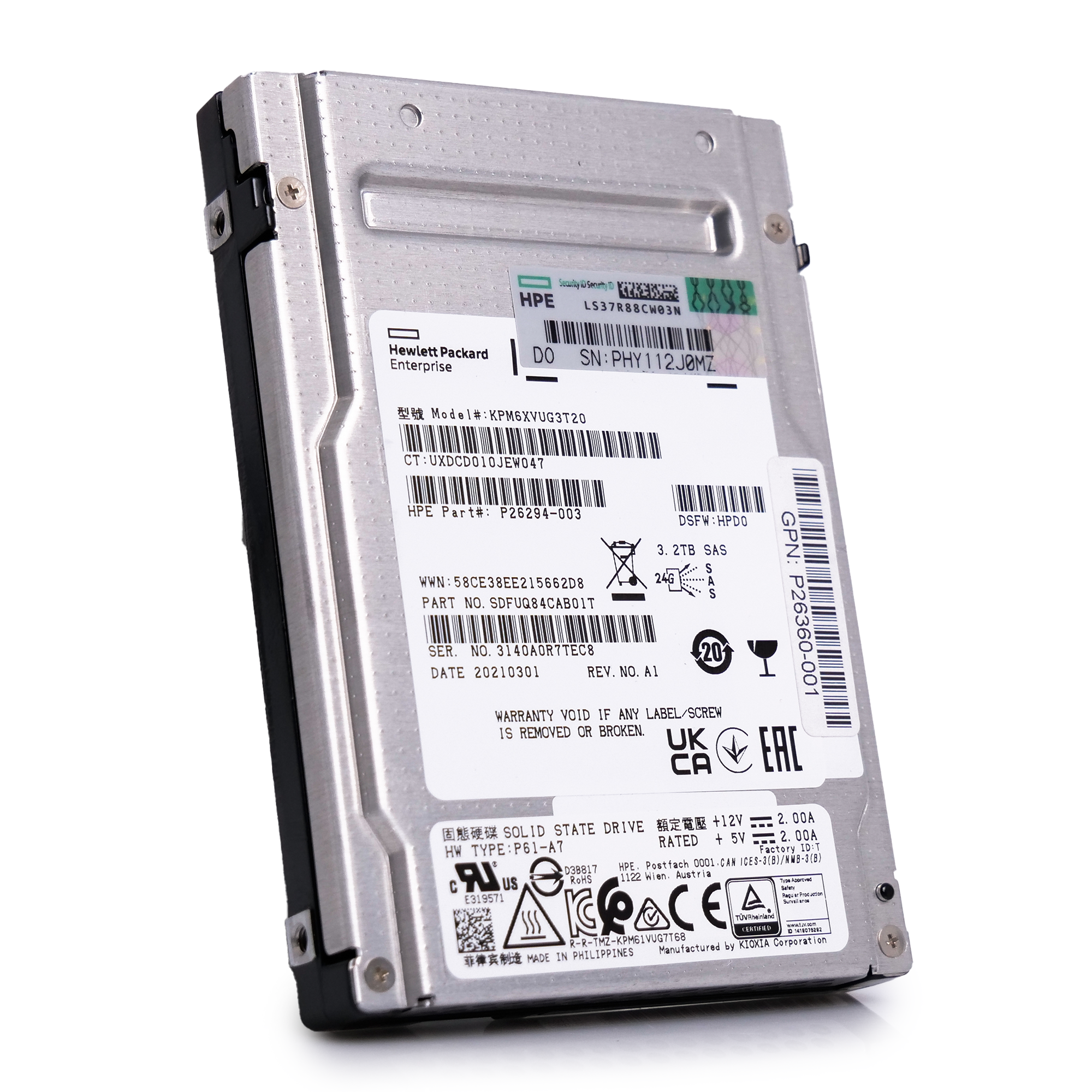 HP/Kioxia PM6-V KPM6XVUG3T20 3.2TB 3 DWPD SAS-4 24Gb/s TLC 2.5in Enterprise Solid State Drive