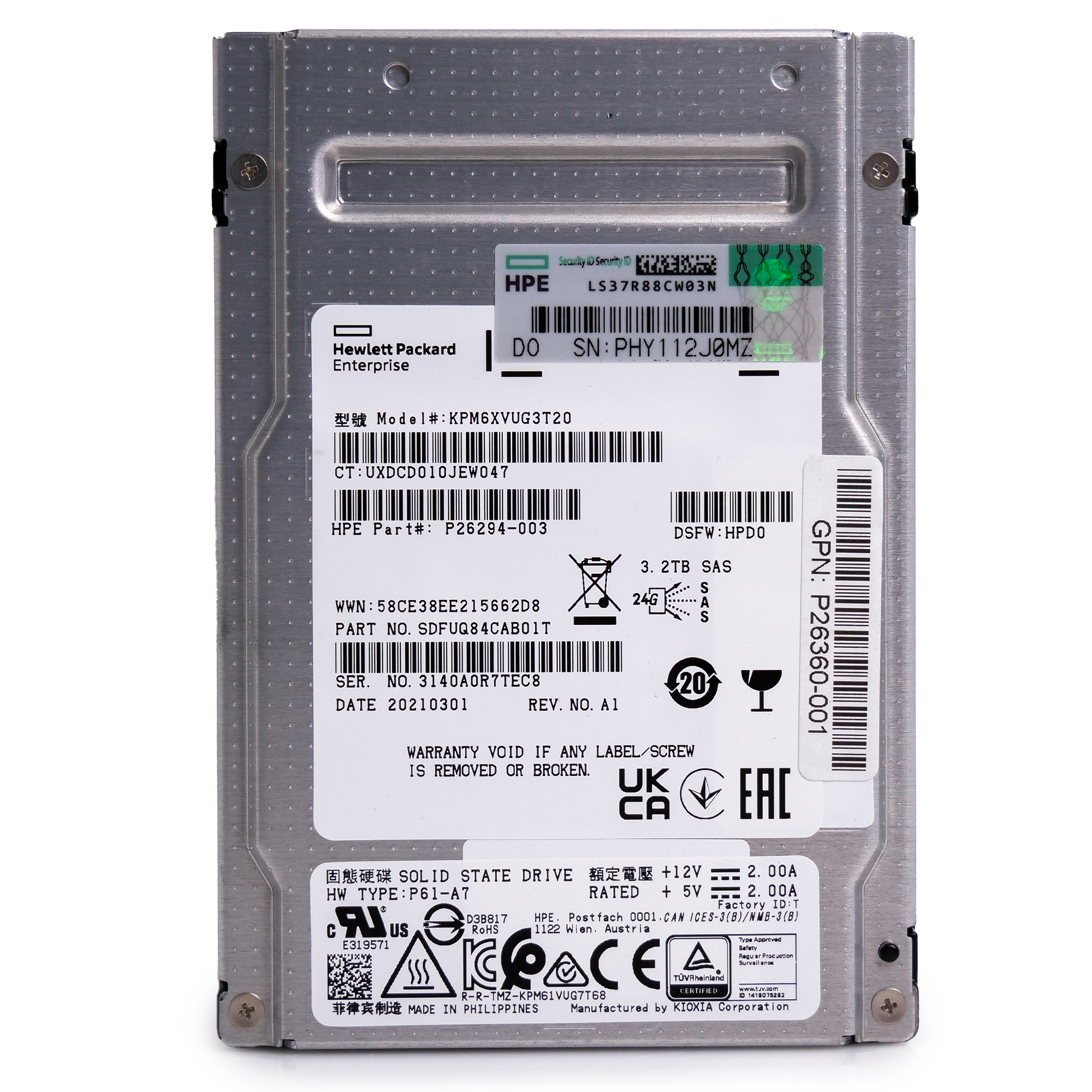 HP/Kioxia PM6-V KPM6XVUG3T20 3.2TB 3 DWPD SAS-4 24Gb/s TLC 2.5in Enterprise Solid State Drive