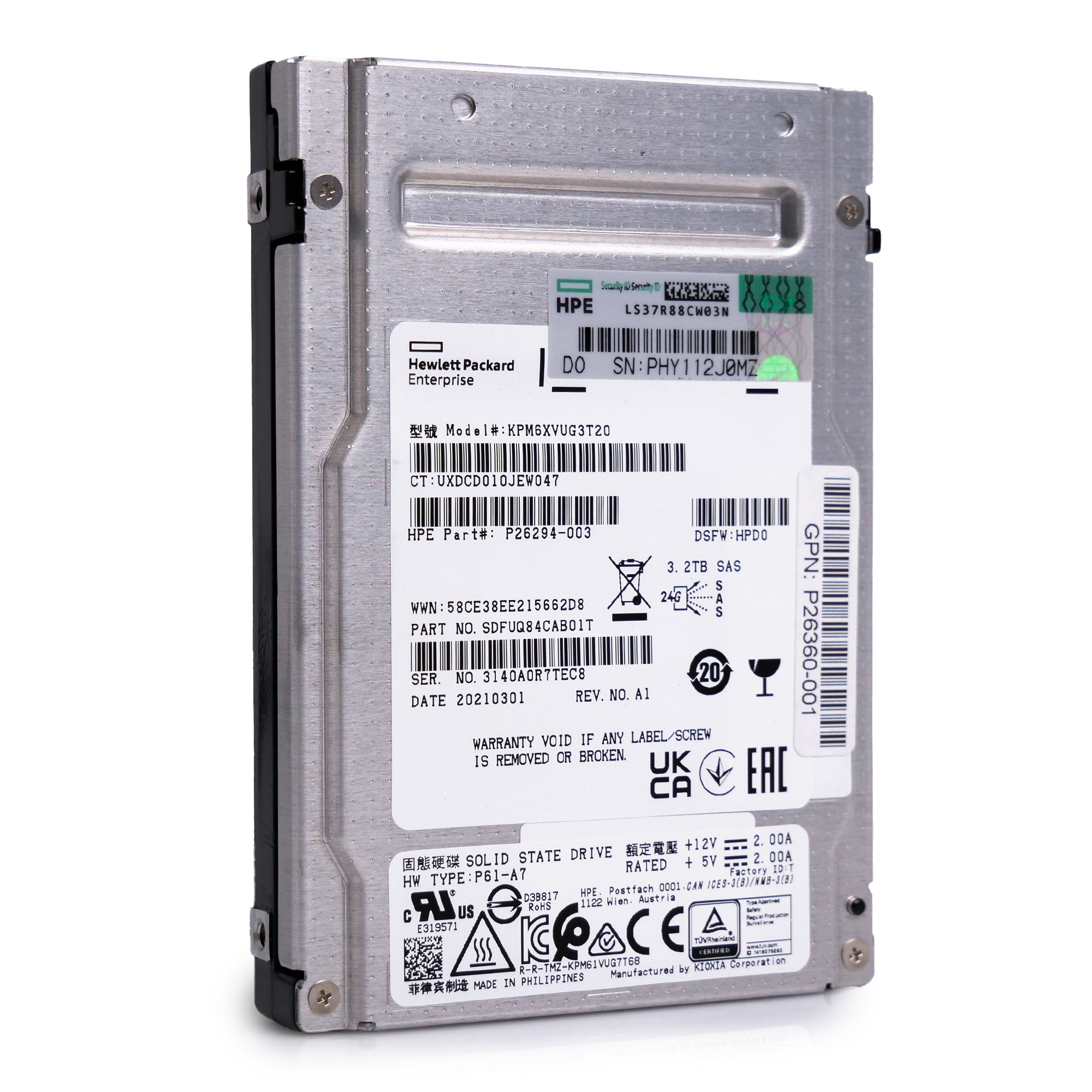 HP/Kioxia PM6-V KPM6XVUG3T20 3.2TB 3 DWPD SAS-4 24Gb/s TLC 2.5in Enterprise Solid State Drive