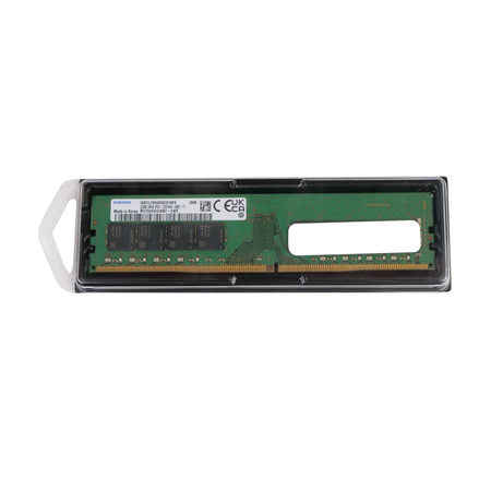 Samsung M378A4G43AB2-CWE 32GB DDR4 desktop memory, label side in clear clamshell packaging, straight-on